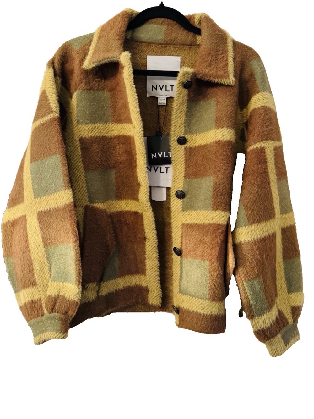 NVLT Fuzzy Plaid Shacket in Mustard & Olive